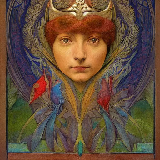 Image similar to the dawn queen with her bird mask, by annie swynnerton and diego rivera and elihu vedder, symbolist, dramatic lighting, elaborate geometric ornament, art brut, soft cool colors, smooth, sharp focus, extremely detailed, leo and diane dillon