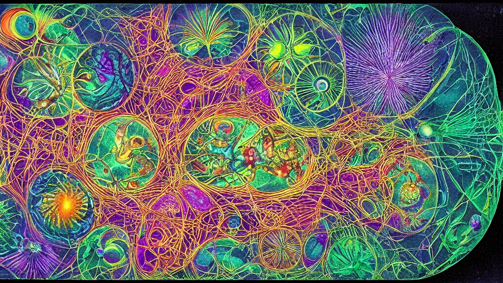 Image similar to quantum connections represented as symbiotic organisms like cells playing around with colorful lights by ernst haeckel, prismatic view