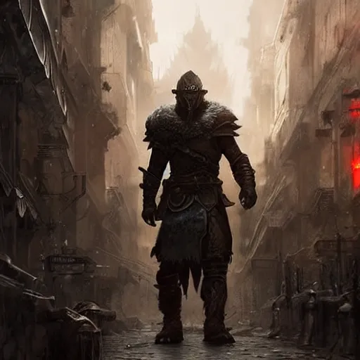 Image similar to A nord warrior from skyrim walking trough a cyberpunk city, Magic the Gathering art, art by greg rutkowski, matte painting, trending on artstation, very detailed