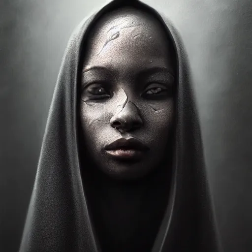 Image similar to a portrait of a young black woman wearing a long dark cloak, hood and shadows covering face, anatomically correct, beautiful perfect face, enigmatic, oil painting, matte painting, black background, Volumetric dynamic lighting, Highly Detailed, Cinematic Lighting, Unreal Engine, 8k, HD, by Beksinski