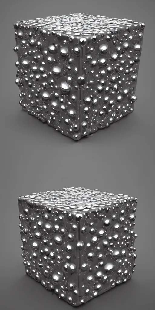 Image similar to 3 d photographic render of a cube sculpture made of chrome, neon circles around, chrometype, made of liquid metal, neotribal with thorns and thunders, raytracing, hyper realistic, volumetric lightning, 8 k, by zhelong xu and ouchh studio