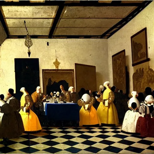 Image similar to a large wedding reception, lots of people, illustrated by johannes vermeer