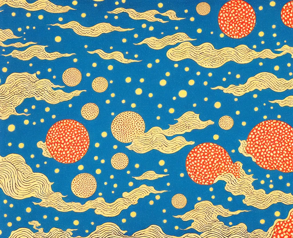 Prompt: dream waves on the starfields by katsushika hokusai and yayoi kusama