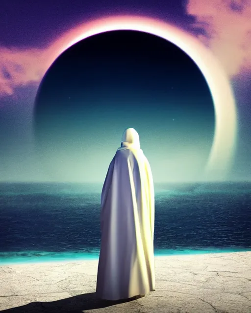 Prompt: a person wearing a white cloak that's blowing in the wind. they are standing in the water. a large planet with rings is visible in the sky. an album cover by stanley twardowicz, trending on cg society, retrofuturism, retrowave, chillwave, synthwave, 3 d render, unreal engine