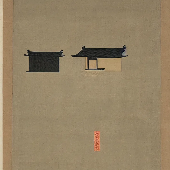 Image similar to a building in a serene landscape, ancient japanese painting