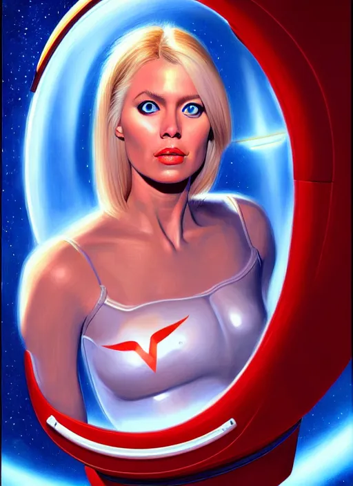 Image similar to portrait of a blonde alien plejaren woman inside a spaceship wearing a space uniform, beautiful face, hyper realistic, highly detailed digital painting by earl norem, artstation illustration co