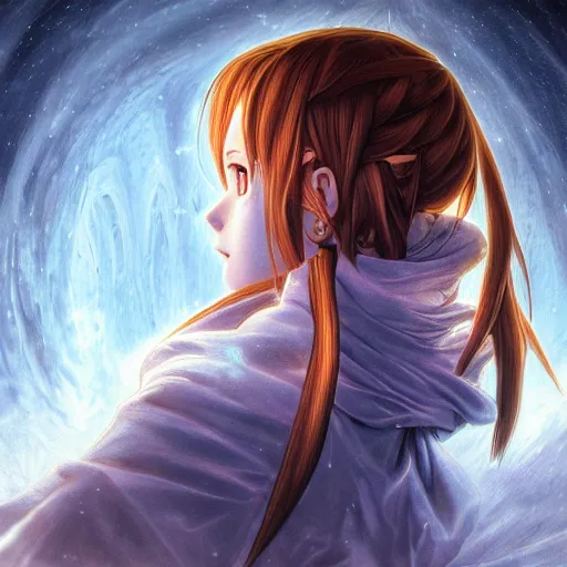 Image similar to photorealistic face portrait of asuna from sao in the style of michael whelan and gustave dore. hyperdetailed photorealism, 1 0 8 megapixels, fully clothed, lunar themed attire, amazing depth, glowing rich colors, powerful imagery, psychedelic overtones, 3 d finalrender, 3 d shading, cinematic lighting, artstation concept art