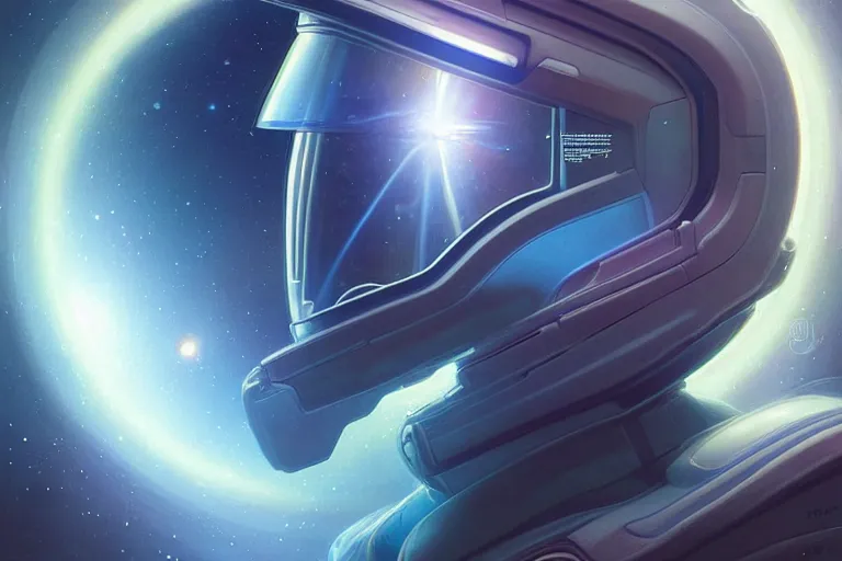 Image similar to Portrait of a Futuristic reflective spacesuit visor mirror spacesuit reflecting a nebula supernova in space, portrait, elegant, intricate, digital painting, artstation, concept art, smooth, sharp focus, illustration, art by artgerm and greg rutkowski and alphonse mucha