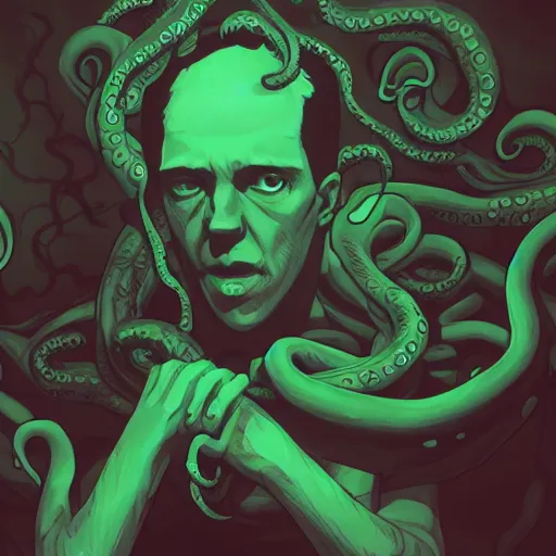 Image similar to H.P. Lovecraft as Cthulhu, part man part monster with tentacles, ambient lighting, 4k, anime key visual, lois van baarle, ilya kuvshinov, rossdraws, artstation