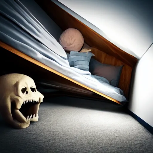 Image similar to “ a terrifying monster hiding under a bed, realistic photo, 8 k, ambient lighting ”