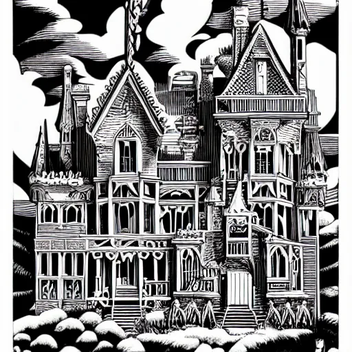 Image similar to mcbess illustration of a gothic mansion with an ansel adams backdrop