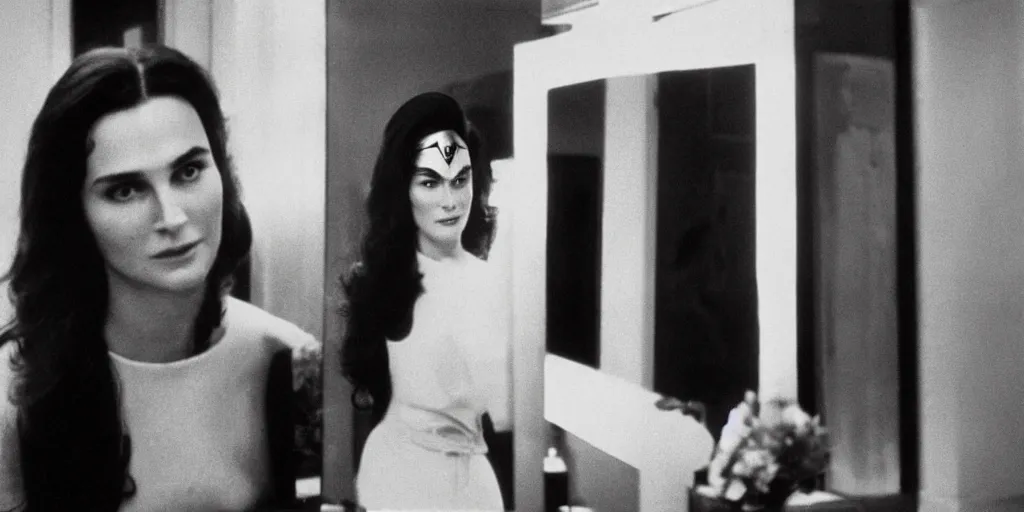 Prompt: ultra wide angle photo of young caitlin jenner, born female, dressed in a white blouse and black dress pants as diana prince looking at herself in a bathroom mirror and seeing her reflection as wonder woman