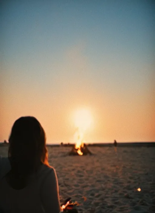 Image similar to a 3 5 mm photo from the back of a woman watching a bonfire on the beach, splash art, movie still, bokeh, canon 5 0 mm, cinematic lighting, dramatic, film, photography, golden hour, depth of field, award - winning, anamorphic lens flare, 8 k, hyper detailed, 3 5 mm film grain