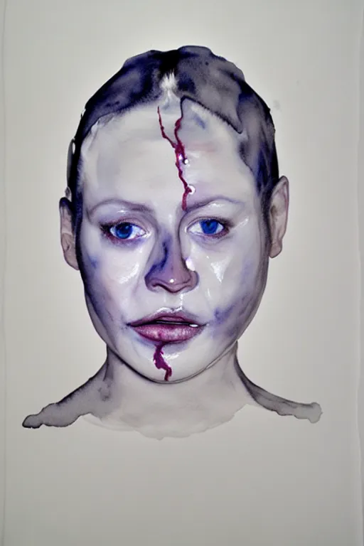 Prompt: watercolor in wet paper, a liquid white clay porcelain portrait of a face melt down flow go runny by marlene dumas, body painted with white thick fluid, detailed watercolor, grainy, contrast