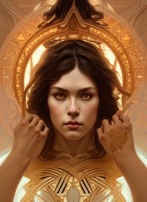 Image similar to symmetry!! portrait of beautiful pallas athena, mithology, intricate, highly detailed, dynamic lighting, digital art, digital painting, artstation, wlop, sharp focus, illustration, art by artgerm and greg rutkowski and alphonse mucha, 8 k