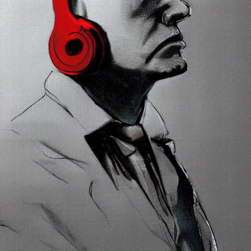 Image similar to a portrait of agent 4 7 from hitman wearing headphones, dark background, red rim light, digital art, artstation, art by yoji shinkawa