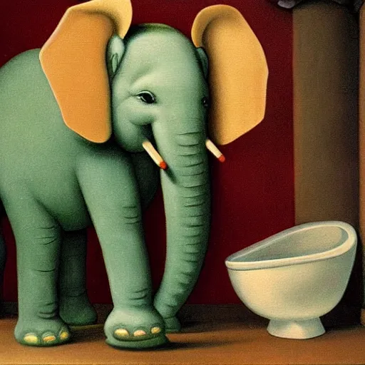 Image similar to cute little green elephant cleaning out a toilet with big toothbrush, dramatic, oil painting by Raphael