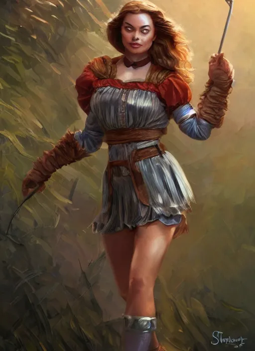 Image similar to beautiful female dorothy gale woman, margot robbie as dorothy, full body character concept, armor, super powers, fantasy, intricate, elegant, highly detailed, digital painting, artstation, concept art, shining, sharp focus, illustration, art by stanley lau