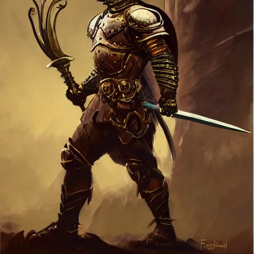 Image similar to knight character portrait by frank frazetta - wearing ornate armor, holding a spear, striking a pose, fantasy, dungeons & dragons, sharp focus, striking, artstation contest winner, detailed