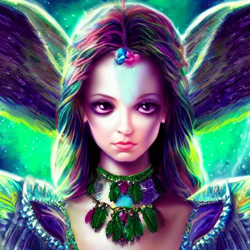 Image similar to fantasy portrait angel cat with emerald in head looking towards camera, high detail, digital art, beautiful , concept art,fantasy art, 4k