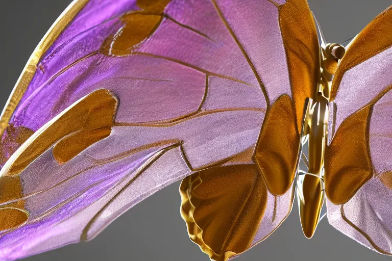 Prompt: beautiful macro photograph of a bejeweled mechanical butterfly with silk wings | extreme closeup | diaphanous silk | soft colors | unreal engine | featured on Artstation