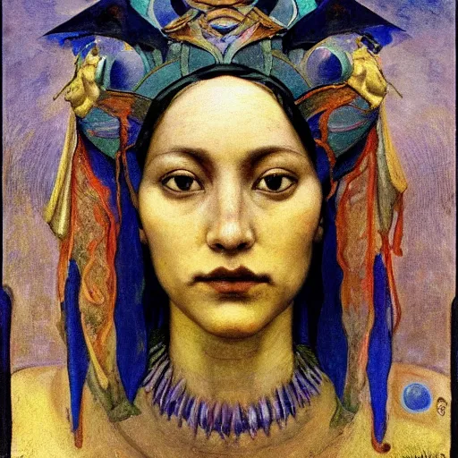 Image similar to the crown of mist and clouds, by Annie Swynnerton and Nicholas Roerich and Diego Rivera, bioluminescent skin, elaborate costume, geometric ornament, symbolist, cool colors, smooth, sharp focus, extremely detailed