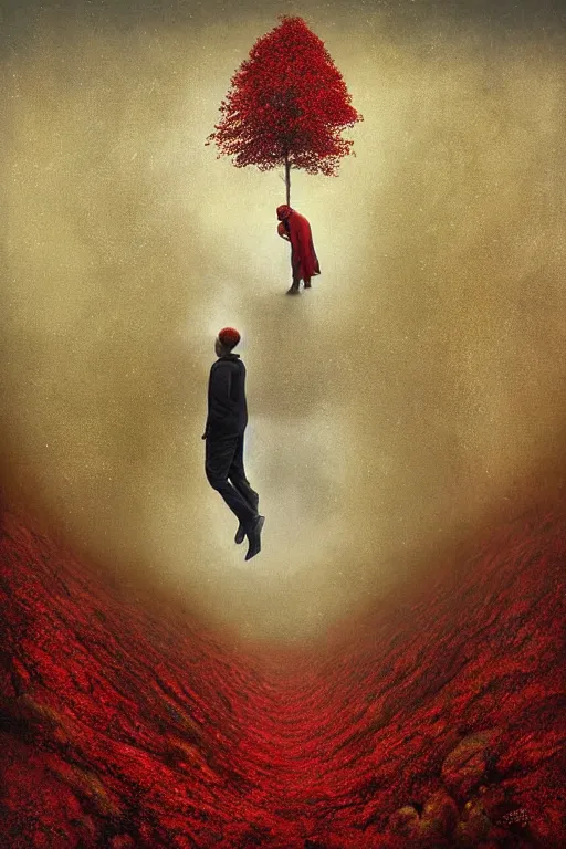 Image similar to immaculate painting of A Beautiful fine detailed gold and red and black Forest Illusion by erik johansson micro detailing