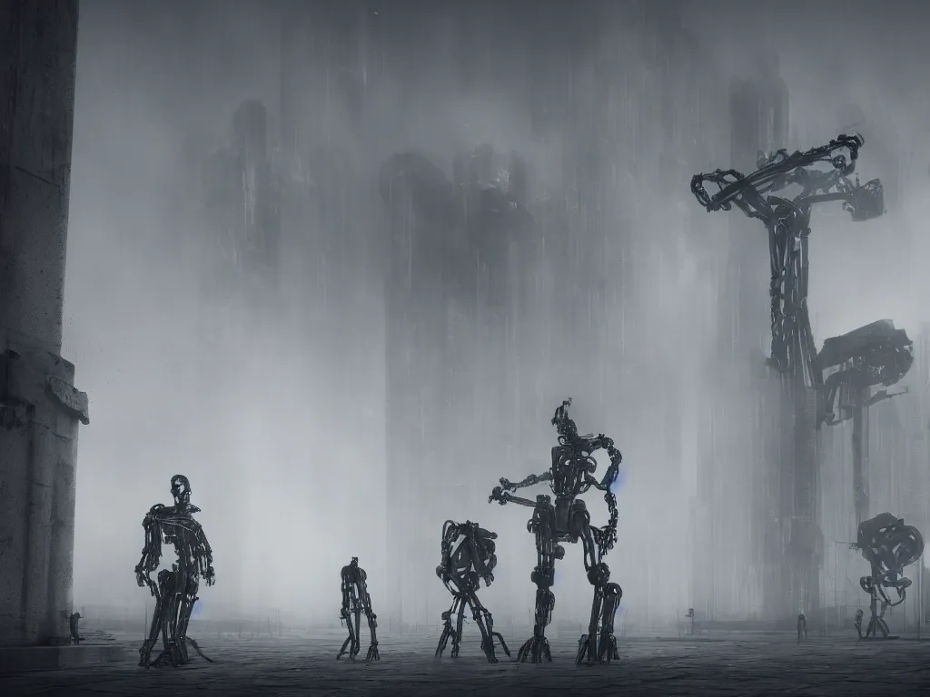 Prompt: robotic black metal band, humanoid, baroque, brutalist structures in the background, atmospheric fog, octane render, cinematic, 8 k