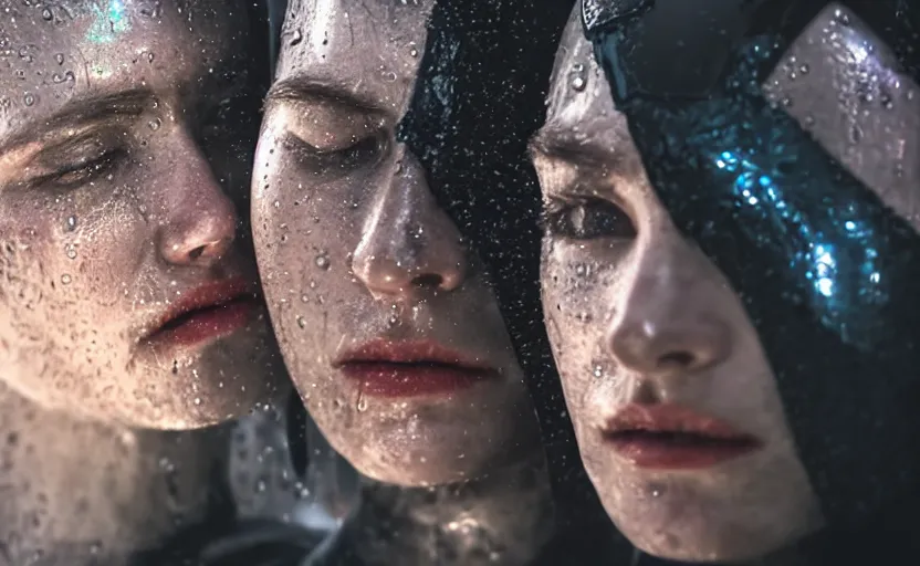 Prompt: cinestill 5 0 d candid photographic portrait by christopher nolan of two loving female androids sobbing wearing rugged black mesh techwear in treacherous waters, extreme closeup, modern cyberpunk moody emotional cinematic, pouring iridescent rain bright spotlight, 8 k, hd, high resolution, 3 5 mm, f / 3 2, ultra realistic faces, ex machina