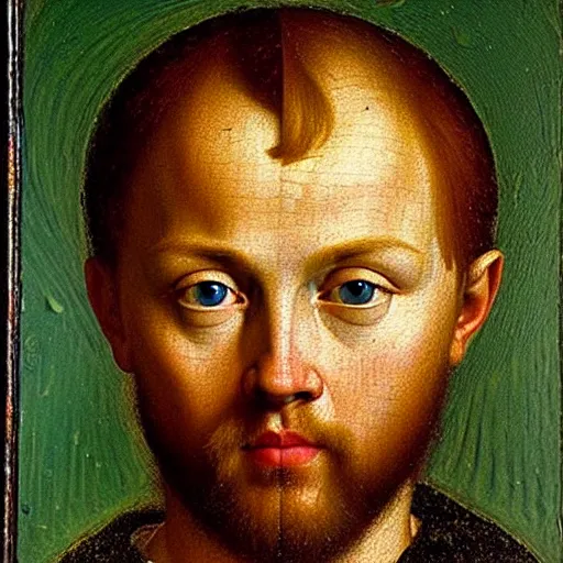 Image similar to portrait of the son of joel egerton health ledger christ pratt leonardo dicaprio, oil painting by jan van eyck, northern renaissance art, oil on canvas, wet - on - wet technique, realistic, expressive emotions, intricate textures, illusionistic detail