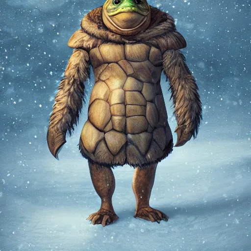 Image similar to anthropomorphic turtle humanoid, carapace, azamat khairov, blizzard, winter, night, furs, fantasy