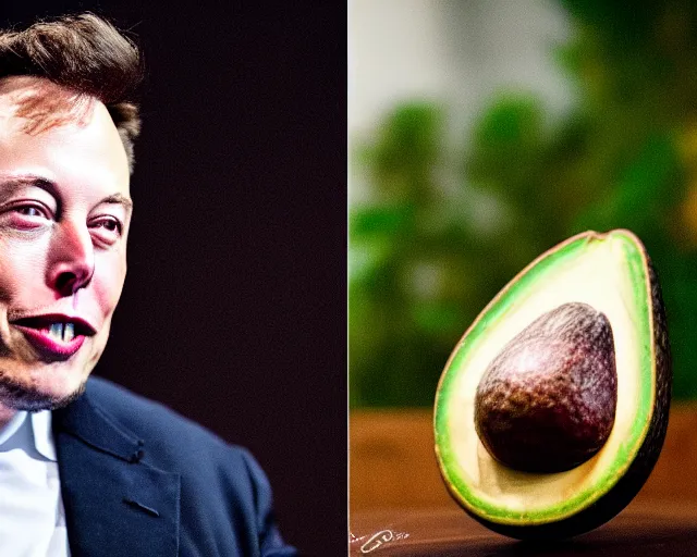 Image similar to 8 5 mm photography of elon musk the avocado man, dof and bokeh