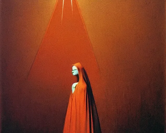 Image similar to by francis bacon, beksinski, mystical redscale photography evocative. devotion to the scarlet!!! woman!!!, priestess in a conical!!! hat, coronation, ritual, sacrament