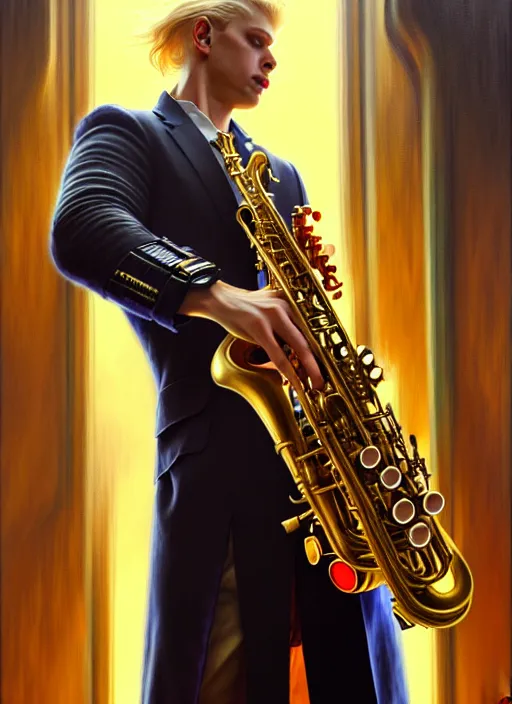 Image similar to portrait of a blond man playing sax, warhammer 40000, cyberpunk, intricate, elegant, highly detailed, digital painting, artstation, concept art, smooth, sharp focus, illustration, art by artgerm and greg rutkowski and alphonse mucha and Gustav Klimt