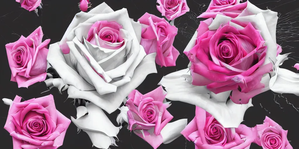 Image similar to magic invisible blade slicing through a bouquet of black and white and pink roses, flowers exploding and spraying, big puffy clouds, sharp rain, large rose petals, lotus petals, large polygonal background elements, large polygons, dramatic anime, dramatic lighting, artgerm, manga, trending on artstation, art nouveau, mature colors