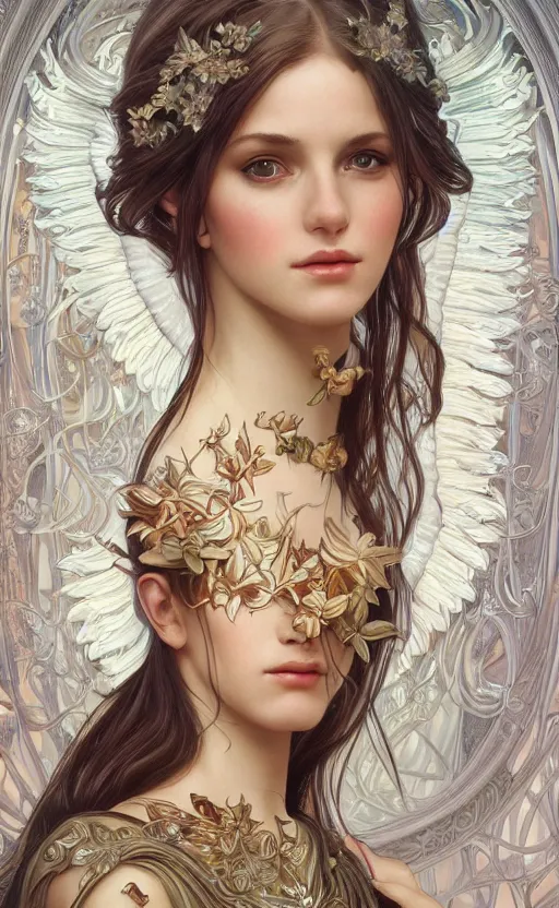 Image similar to a photograpic portrait of a pretty woman, angel, fantasy, intricate, elegant, highly detailed, digital painting, artstation, centered, concept art, smooth, sharp focus, illustration, art by artgerm and h r giger and alphonse mucha