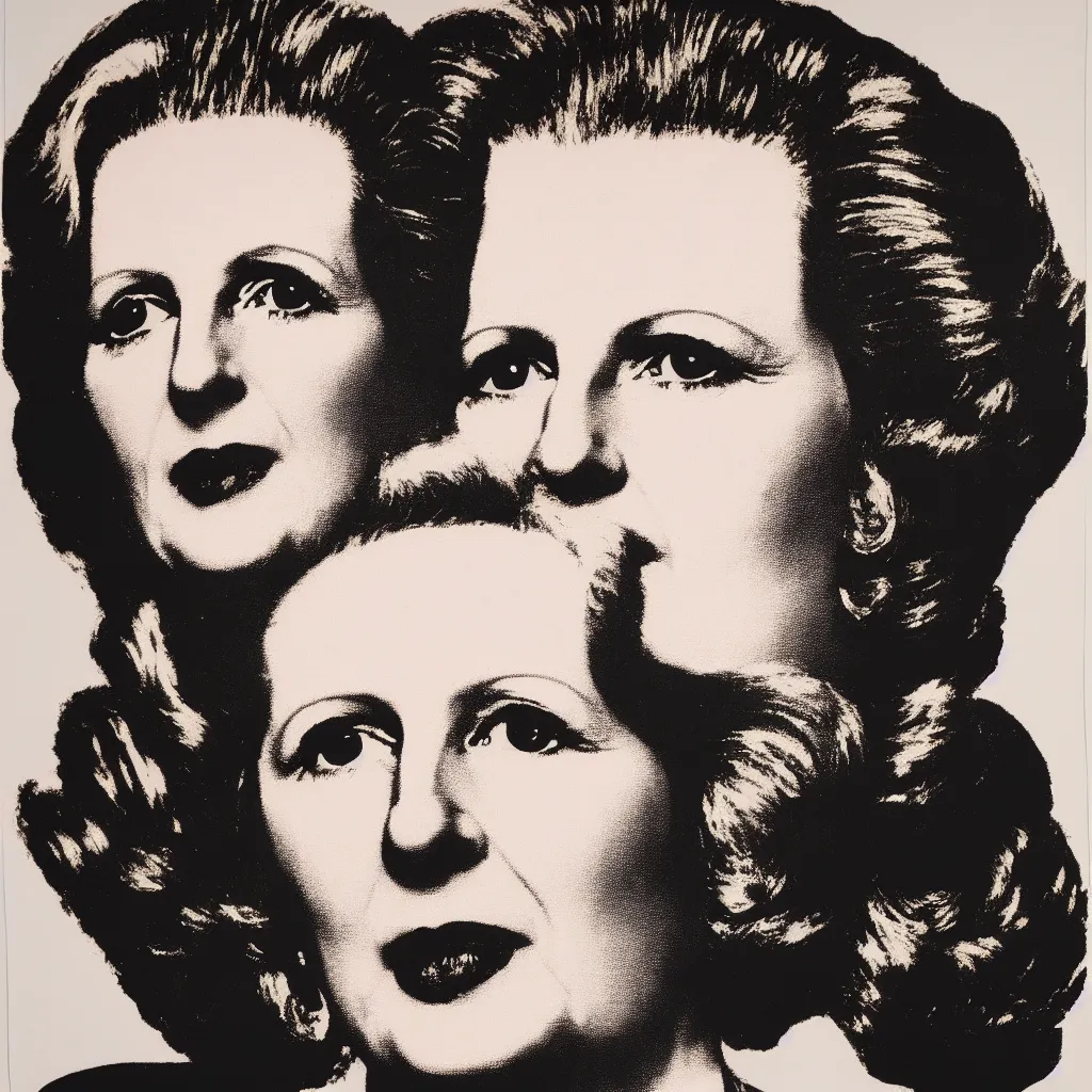 Image similar to individual silk screen portrait of margaret thatcher by andy warhol