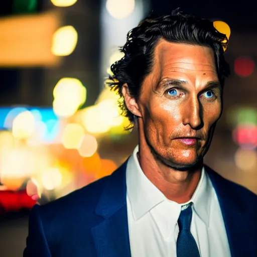 Image similar to a still of matthew mcconaughey . Shallow depth of field. City at night in background, lights, colors ,studio lighting, mood, 4K. Profession photography