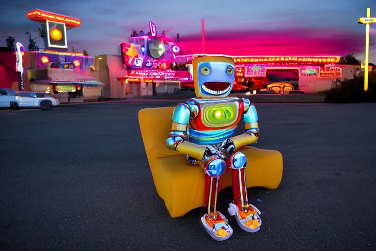 Image similar to robot clown relaxing at a california drive in, in 2 0 1 2, cutecore clowncore, bathed in the the glow of the sunset, low - light photograph, in style of tyler mitchell