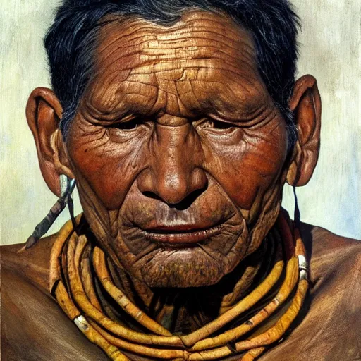 Image similar to high quality high detail painting by lucian freud, hd, portrait of a indigenous tribe leader, photorealistic lighting