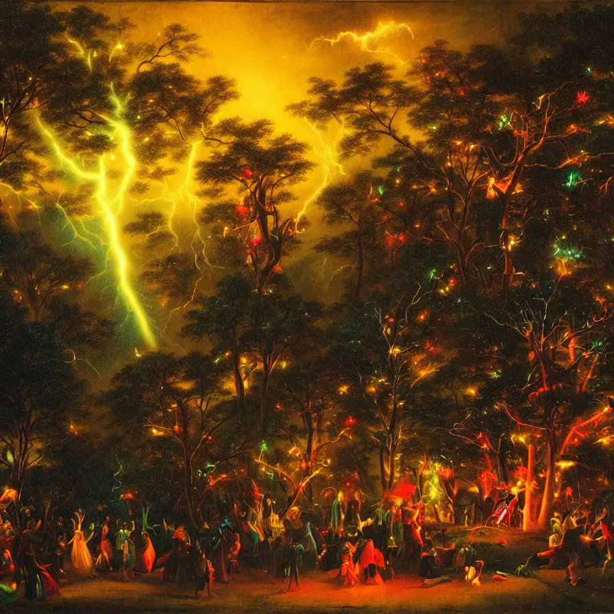 Image similar to closeup of a night carnival around a magical in a summer storm, tree cavity with a music scenario with many fireworks and christmas lights,, volumetric lightning, intense colored god rays in the sky, folklore people disguised with fantastic creatures in a magical forest by summer night, masterpiece painted by martin johnson heade, scene by dark night environment, refraction lights,