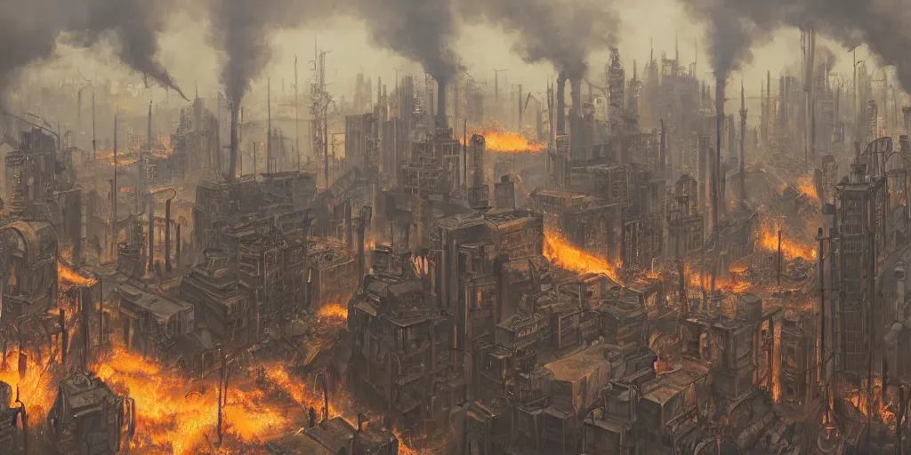 Prompt: dieselpunk city completely ablaze, wide angle shot, realist painting