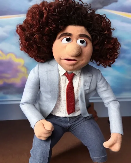 Image similar to dustin henderson gaten matarazzo as a muppet. highly detailed felt. hyper real photo. 4 k.