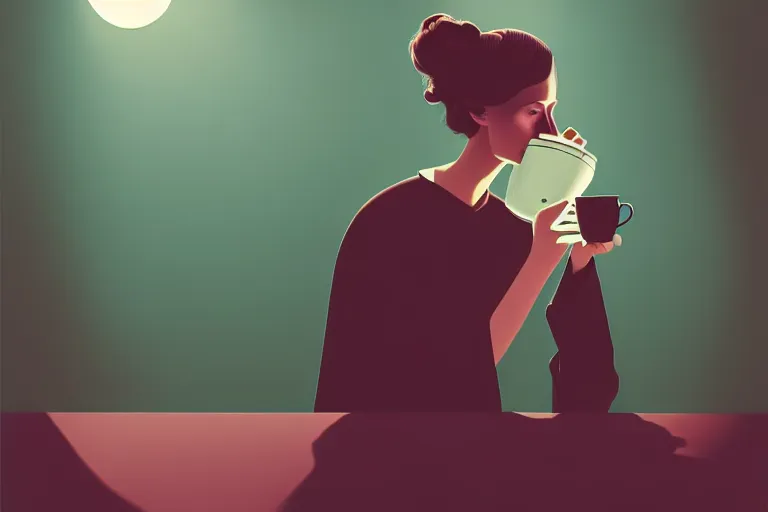 Image similar to editorial illustration by Karolis Strautniekas and Mads Berg, portrait of a sad young woman drinking tea, colorful, fine texture,detailed, muted colors,film noir, dramatic lighting, dynamic composition, vivid, matte print, wide angle,((sunbeams)), moody, extreme perspective