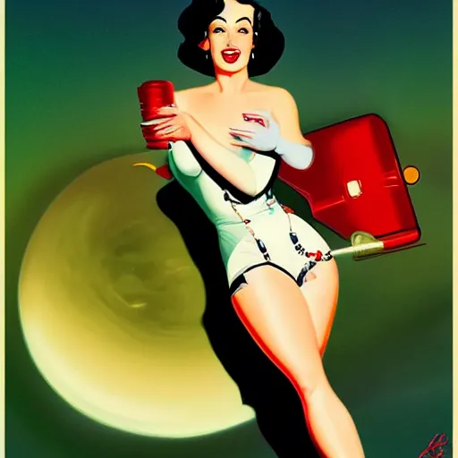 Image similar to a retro sci - fi pinup illustration of dita von teese in the style of alberto vargas and in the style of gil elvgren.