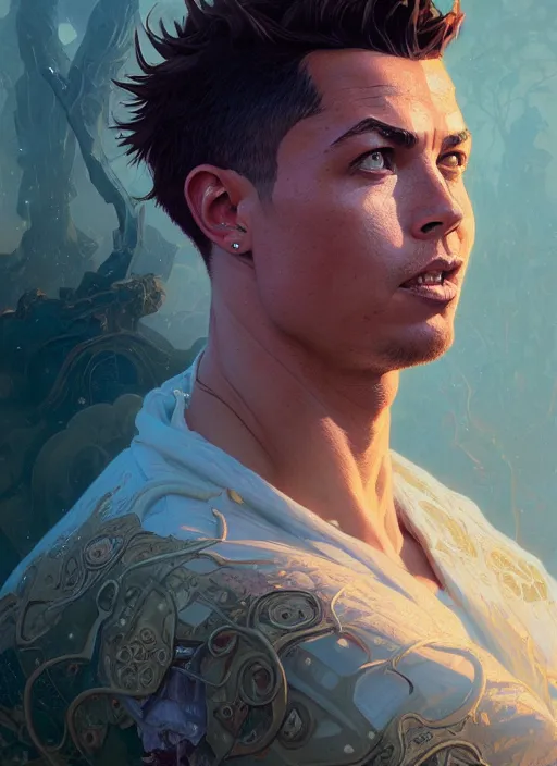 Image similar to highly detailed portrait of ronaldo phenomenal, stephen bliss, unreal engine, fantasy art by greg rutkowski, loish, rhads, ferdinand knab and lois van baarle, ilya kuvshinov, rossdraws, tom bagshaw, alphonse mucha, global illumination, detailed and intricate environment