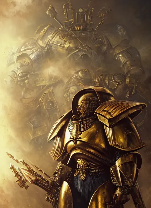 Prompt: adeptus custodes centurion, extremly detailed digital painting, warhammer 4 0 k, artgerm, raymond swanland, tomasz alen kopera, vibrant colors, intricate, exquisite lighting, highly detailed, rim light, cinematic lighting, art, octane render, very coherent, cinematic, 8 k, trending on artstation