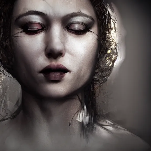 Prompt: a highly detailed 3 d render dark portrait of a woman in the style of chris cunningham and in the style of andrzej dragan, photo manipulation, dramatic lighting