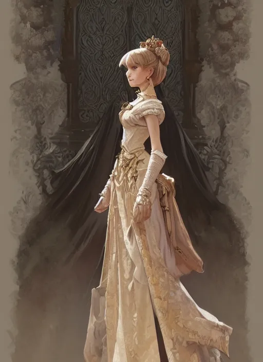 Image similar to portrait of a full body of young beautiful female princess, d & d, baroque dress, elegant, flat lighting, intricate, highly detailed, digital painting, artstation, concept art, smooth, sharp focus, illustration, misa amane, art by simon bisley and greg rutkowski and alphonse mucha, natural tpose