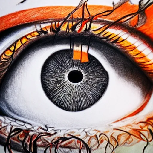 Prompt: hyper realistic pencil drawing of the human eye, unlimited detail, colored, space, dragon, intricate, detail, phoenix, orange